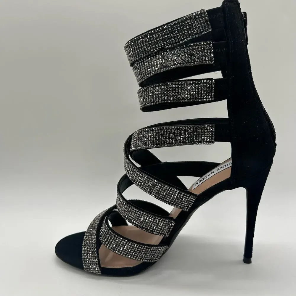 Steve Madden Heels Women 9 Black Malika Open Toe Strap Sandals Wedding Party NEW